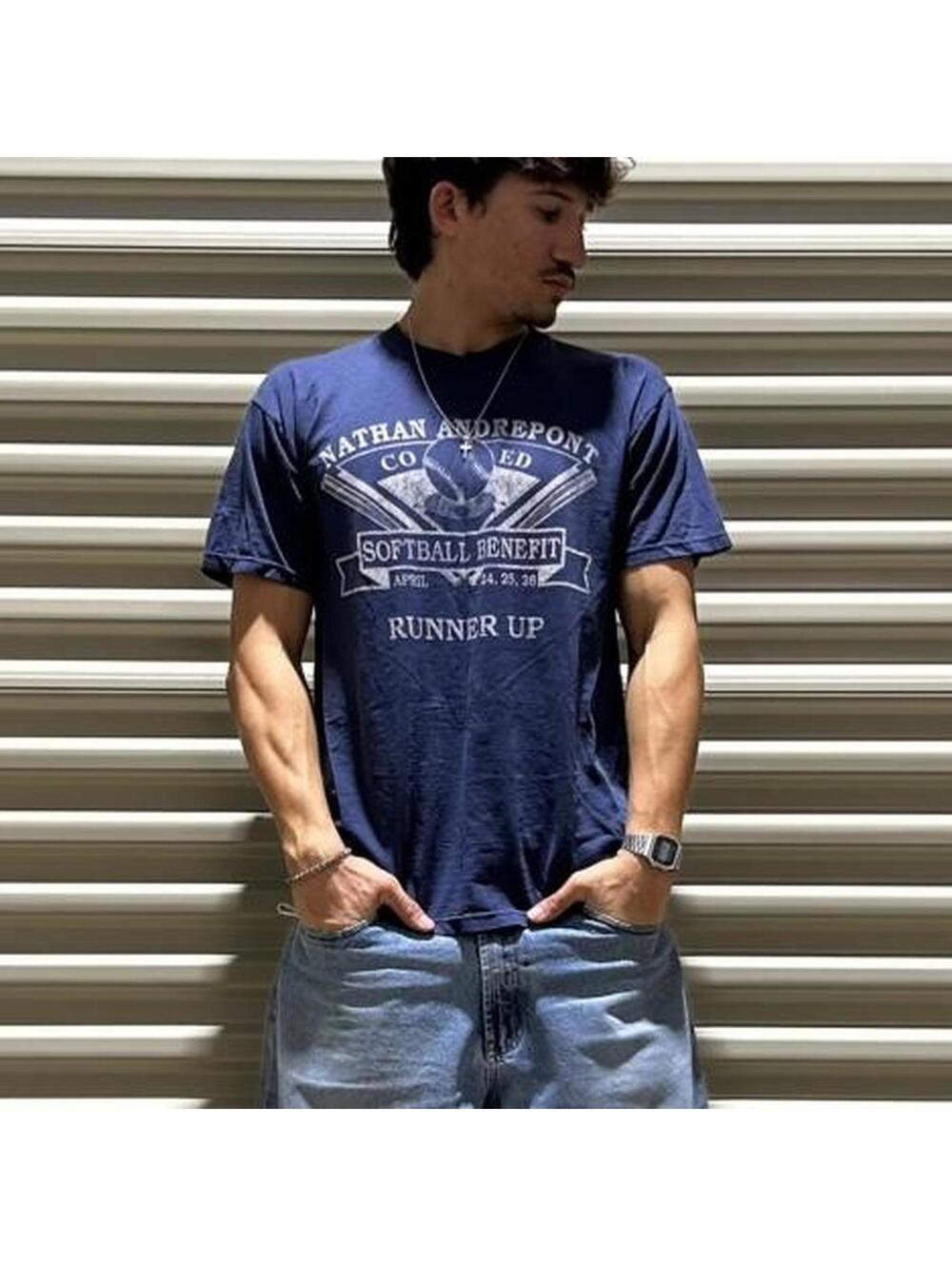 Vintage Y2K faded navy blue Coed softball tournament shirt